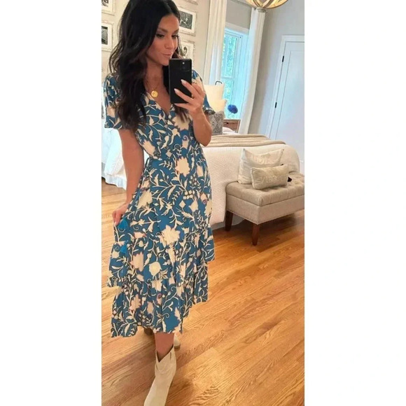 Knox Rose Womens Short Sleeve Wrap Front Ruffled Floral Midi Dress Blue Sz L - Picture 1 of 16